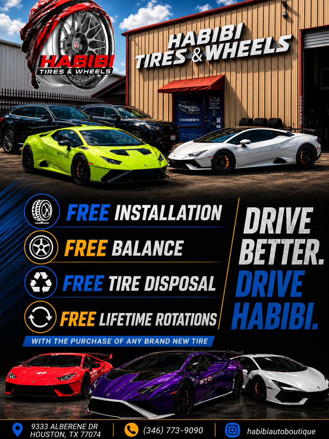 Promotional poster showing Habibi Tires & Wheels services and exotic vehicles