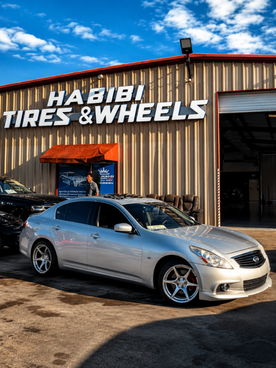 Daily driver sedan outside Habibi Tires & Wheels in Houston